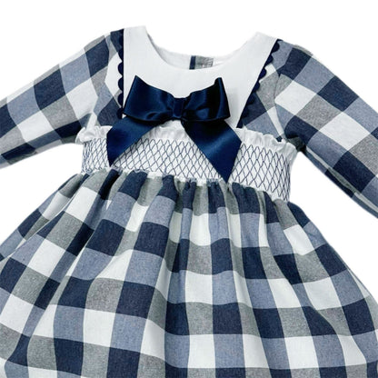 *SALE* Baby Girl Navy Checked Smocked Puff Dress with Pants "MYDB2481"