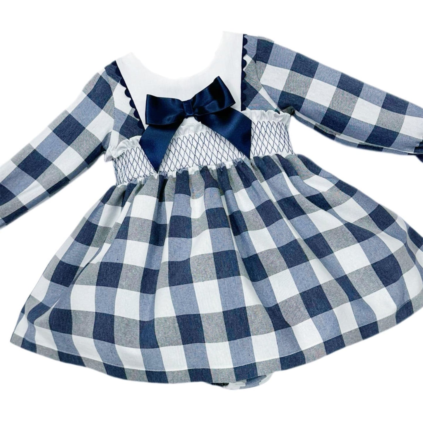 *SALE* Baby Girl Navy Checked Smocked Puff Dress with Pants "MYDB2481"
