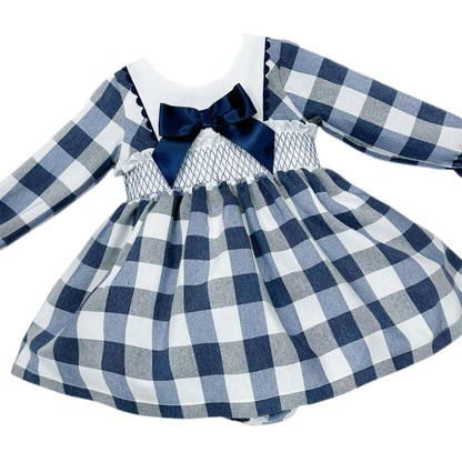 *SALE* Baby Girl Navy Checked Smocked Puff Dress with Pants "MYDB2481"