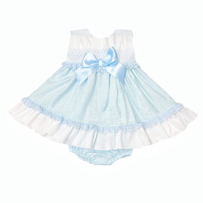 *SALE* Baby Girl Pale Blue Floral Smocked Puff Dress with Pants "MYD2484"