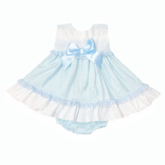 *SALE* Baby Girl Pale Blue Floral Smocked Puff Dress with Pants "MYD2484"