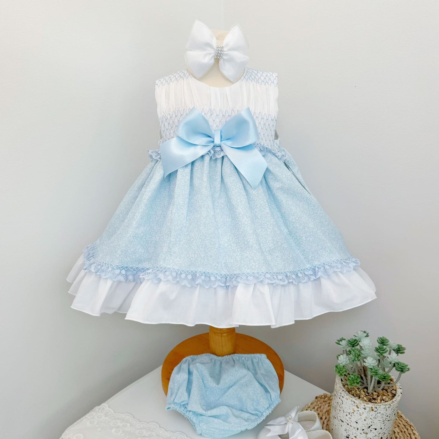*SALE* Baby Girl Pale Blue Floral Smocked Puff Dress with Pants "MYD2484"