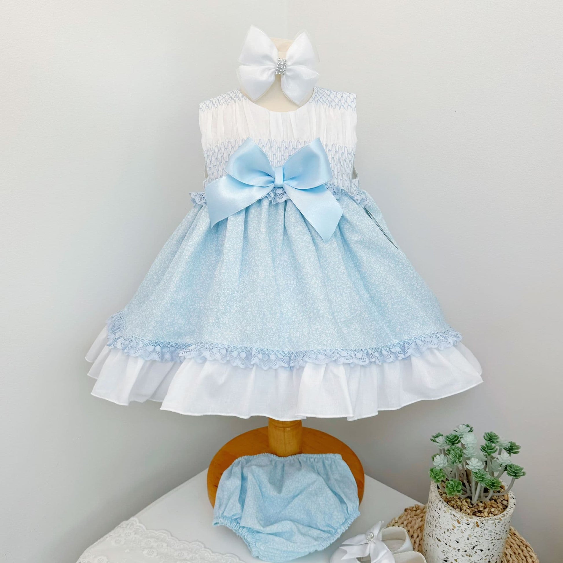 *SALE* Baby Girl Pale Blue Floral Smocked Puff Dress with Pants "MYD2484"
