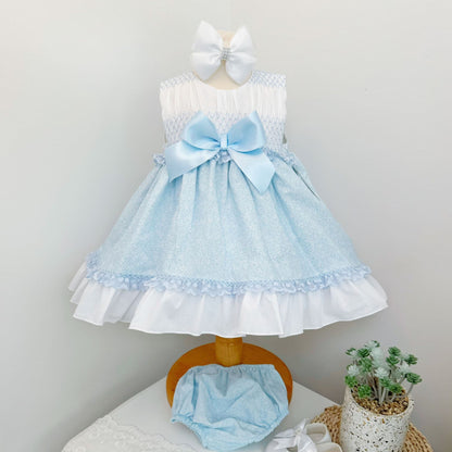 *SALE* Baby Girl Pale Blue Floral Smocked Puff Dress with Pants "MYD2484"