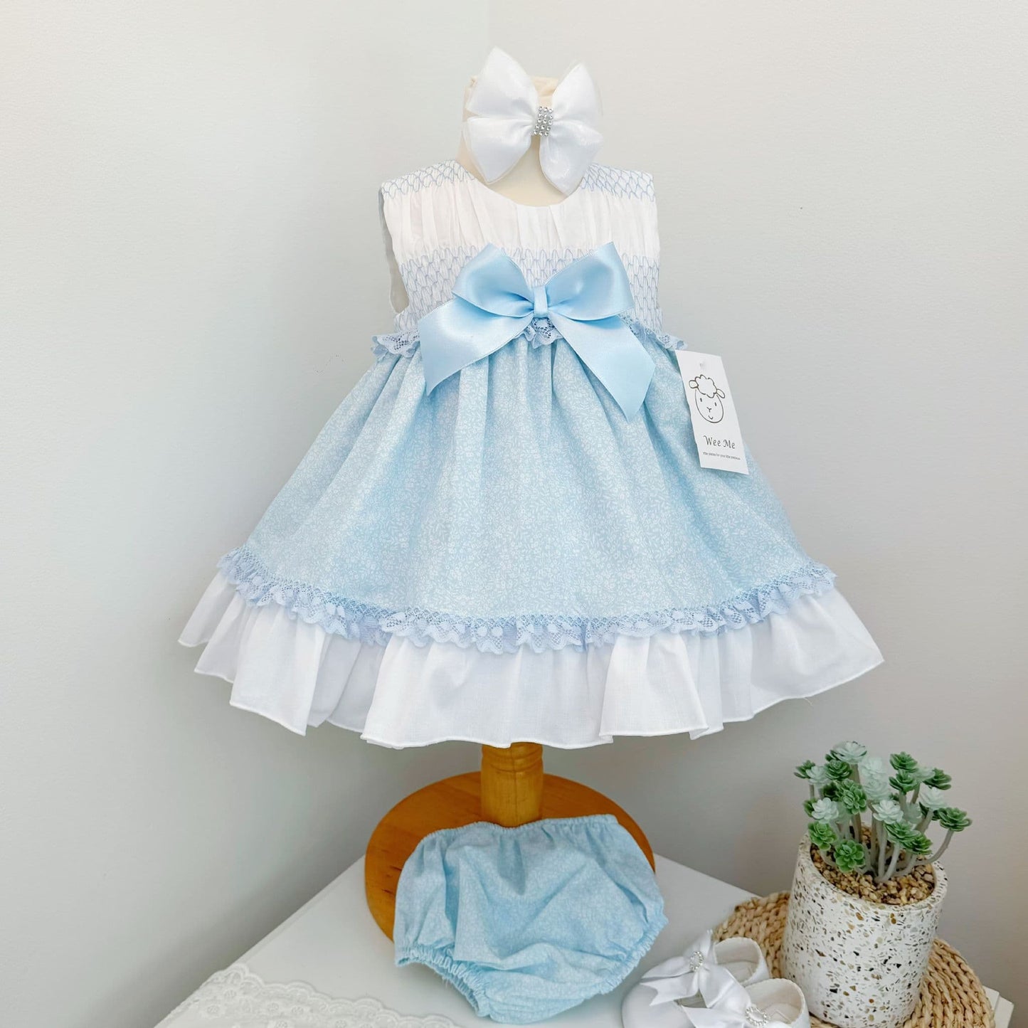 *SALE* Baby Girl Pale Blue Floral Smocked Puff Dress with Pants "MYD2484"