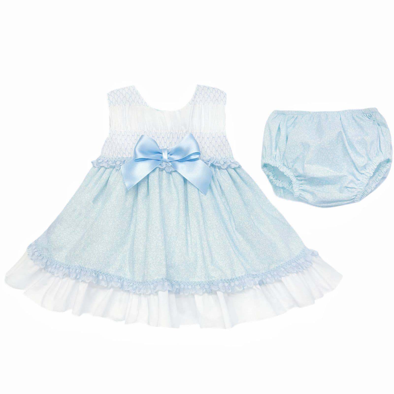 *SALE* Baby Girl Pale Blue Floral Smocked Puff Dress with Pants "MYD2484"