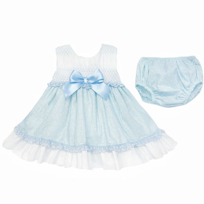 *SALE* Baby Girl Pale Blue Floral Smocked Puff Dress with Pants "MYD2484"