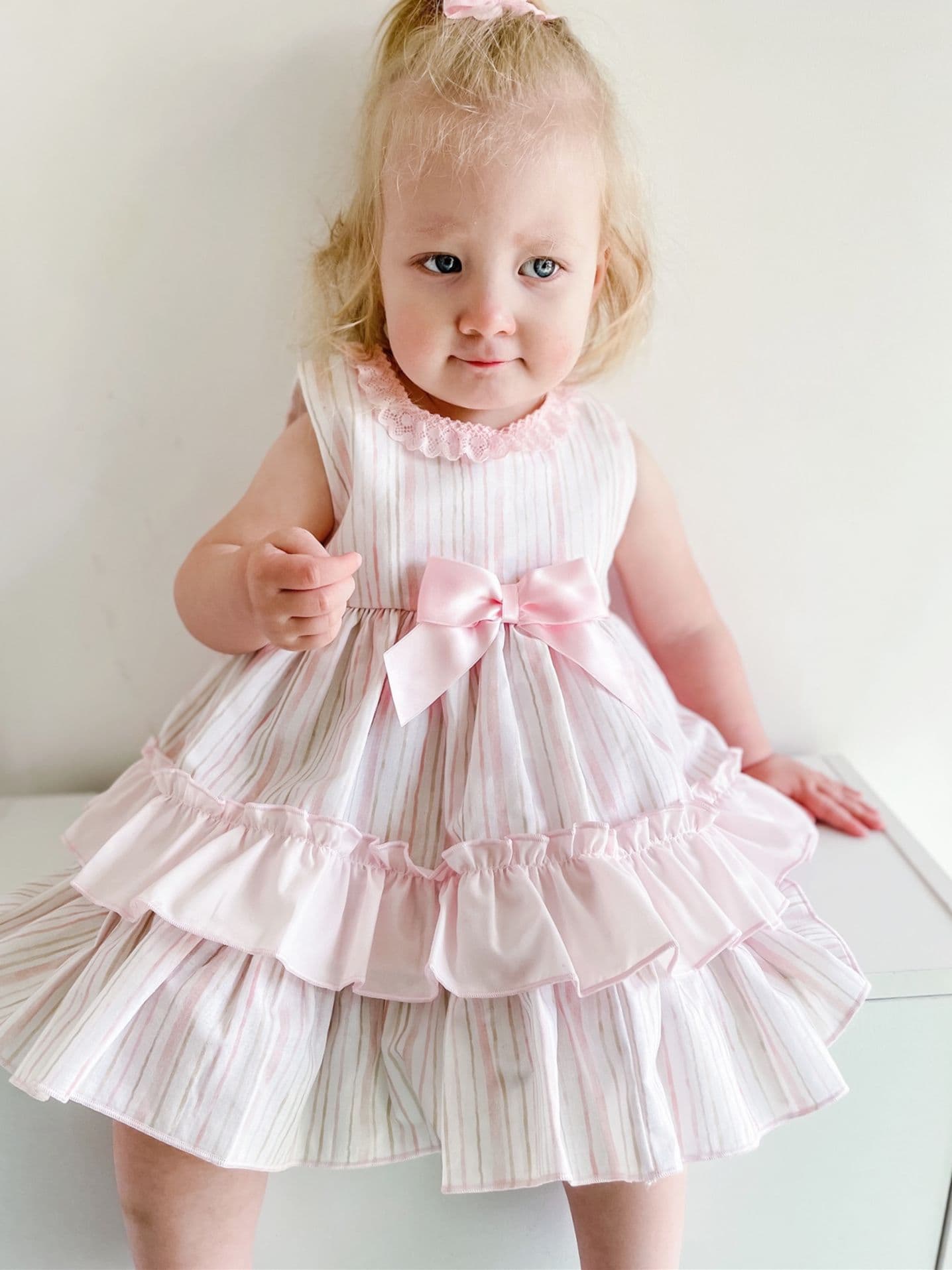 *SALE* Baby Girl Pale Pink Stripe Puff Ball Dress with Pants "MYD2349P"