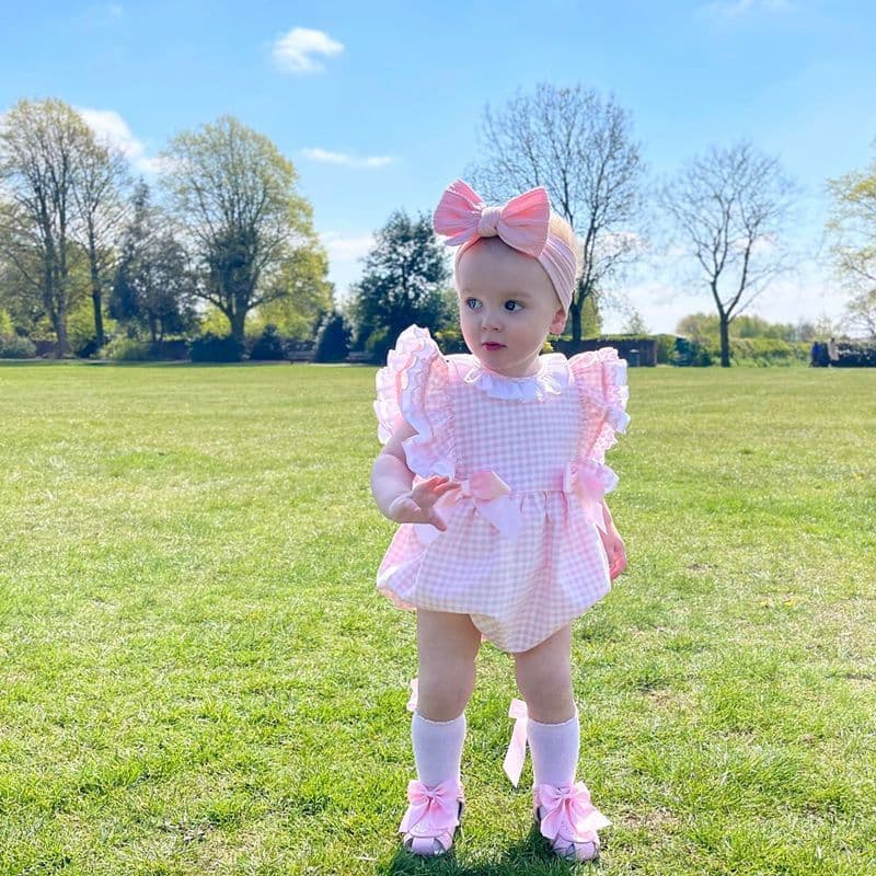 *SALE* Baby Girl Pink Checked Frilly Shoulder Romper "MYD2244"