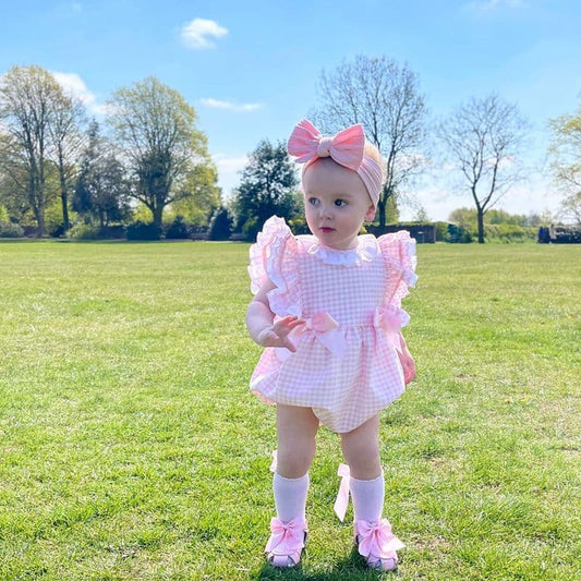 *SALE* Baby Girl Pink Checked Frilly Shoulder Romper "MYD2244"