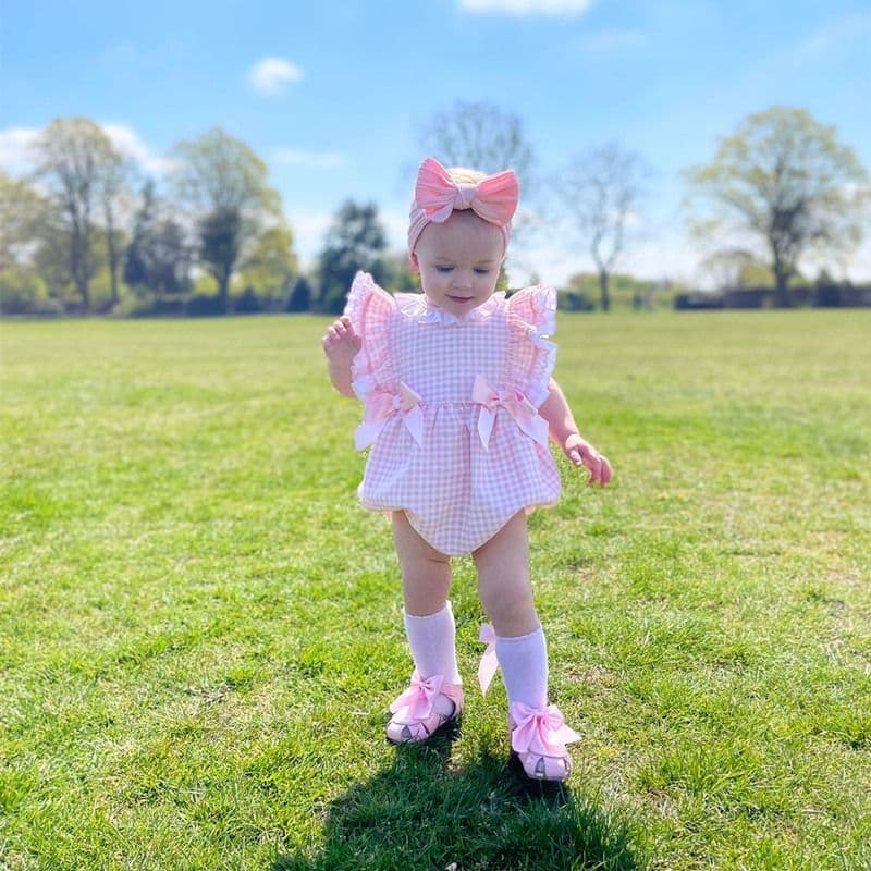 *SALE* Baby Girl Pink Checked Frilly Shoulder Romper "MYD2244"