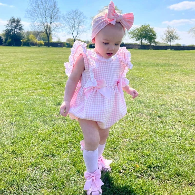*SALE* Baby Girl Pink Checked Frilly Shoulder Romper "MYD2244"