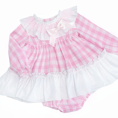 *SALE* Baby Girl Pink Checked Smock Collar Dress with Pants "MYDB2465P"
