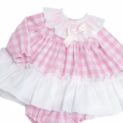 *SALE* Baby Girl Pink Checked Smock Collar Dress with Pants "MYDB2465P"