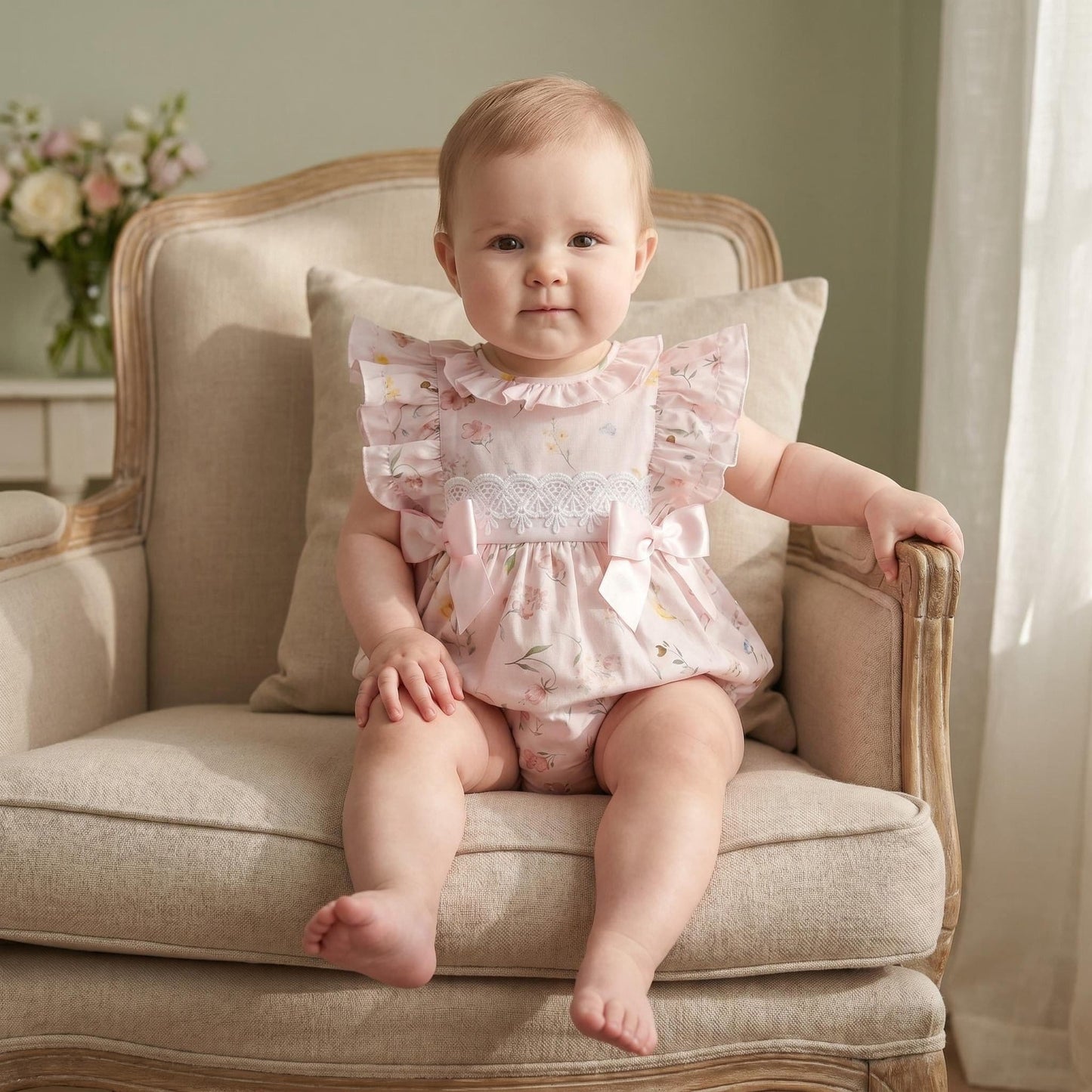 *SALE* Baby Girl Pink Cotton Floral Frilly Shoulder Romper "MYD25022"