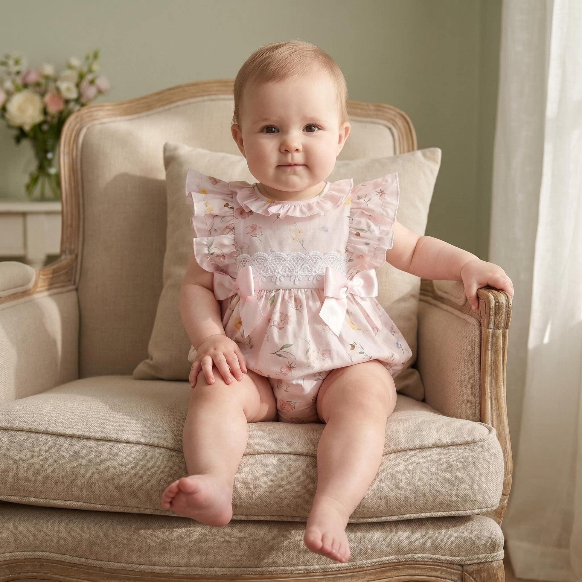 *SALE* Baby Girl Pink Cotton Floral Frilly Shoulder Romper "MYD25022"