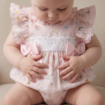 *SALE* Baby Girl Pink Cotton Floral Frilly Shoulder Romper "MYD25022"