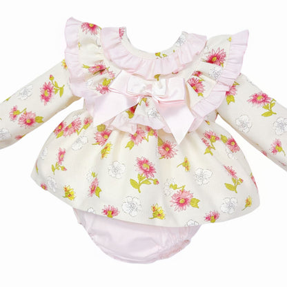 *SALE* Baby Girl Pink/Cream Floral Frilly Neck Dress with Pants "MYDC2464"