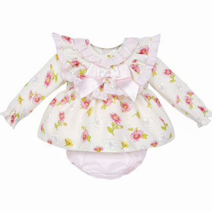 *SALE* Baby Girl Pink/Cream Floral Frilly Neck Dress with Pants "MYDC2464"