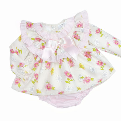 *SALE* Baby Girl Pink/Cream Floral Frilly Neck Dress with Pants "MYDC2464"