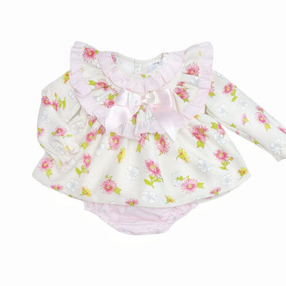 *SALE* Baby Girl Pink/Cream Floral Frilly Neck Dress with Pants "MYDC2464"