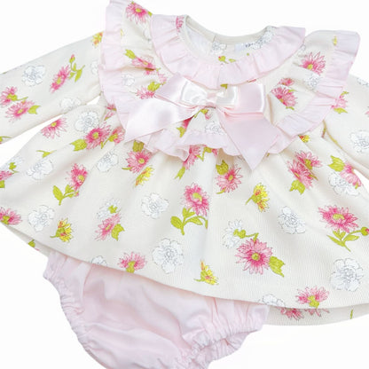 *SALE* Baby Girl Pink/Cream Floral Frilly Neck Dress with Pants "MYDC2464"