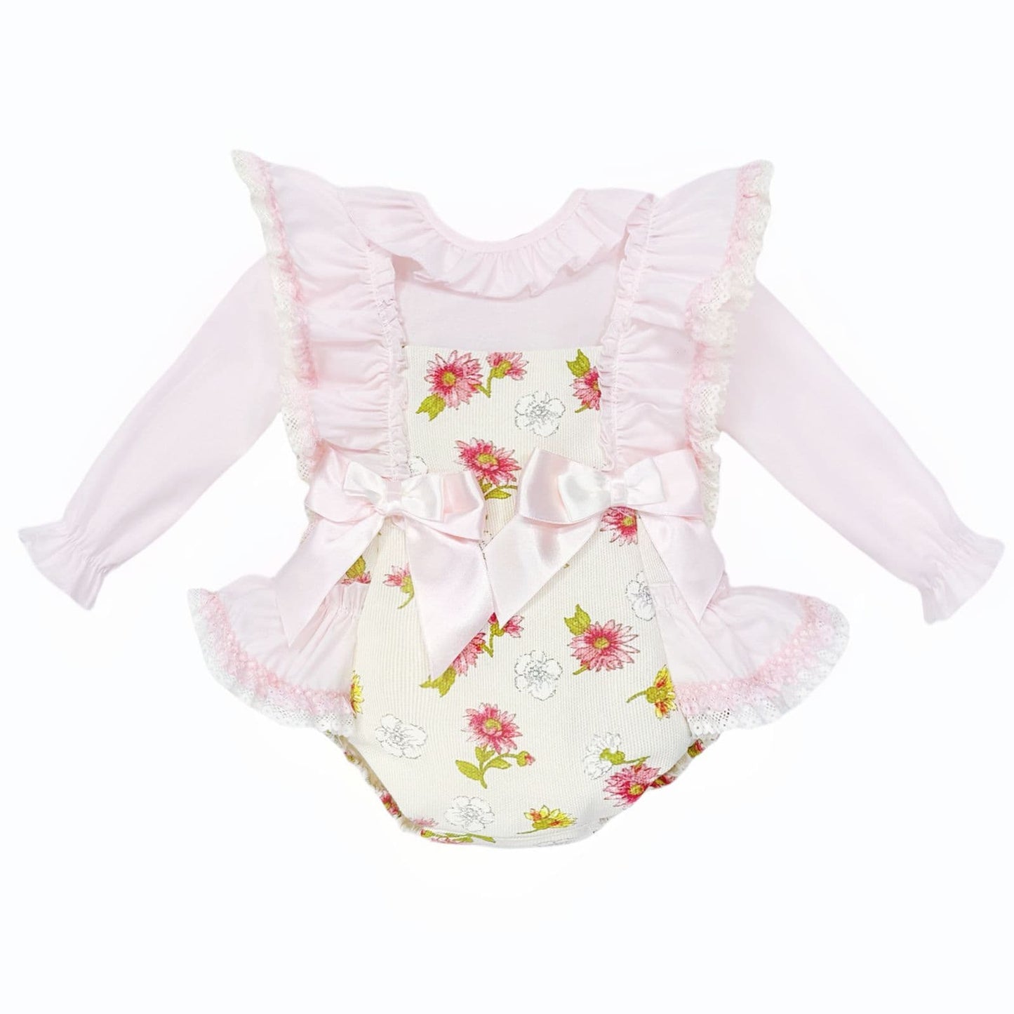 *SALE* Baby Girl Pink/Cream Floral Frilly Shoulder Romper with Shirt "MYDC2463"