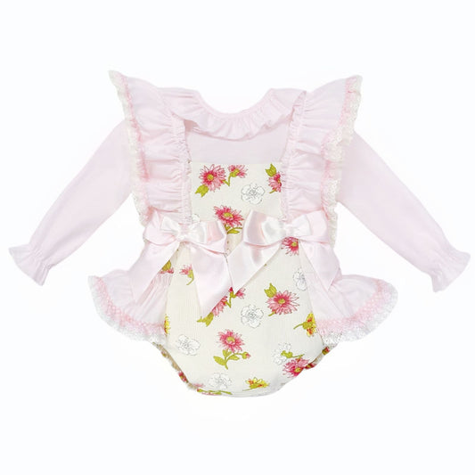 *SALE* Baby Girl Pink/Cream Floral Frilly Shoulder Romper with Shirt "MYDC2463"