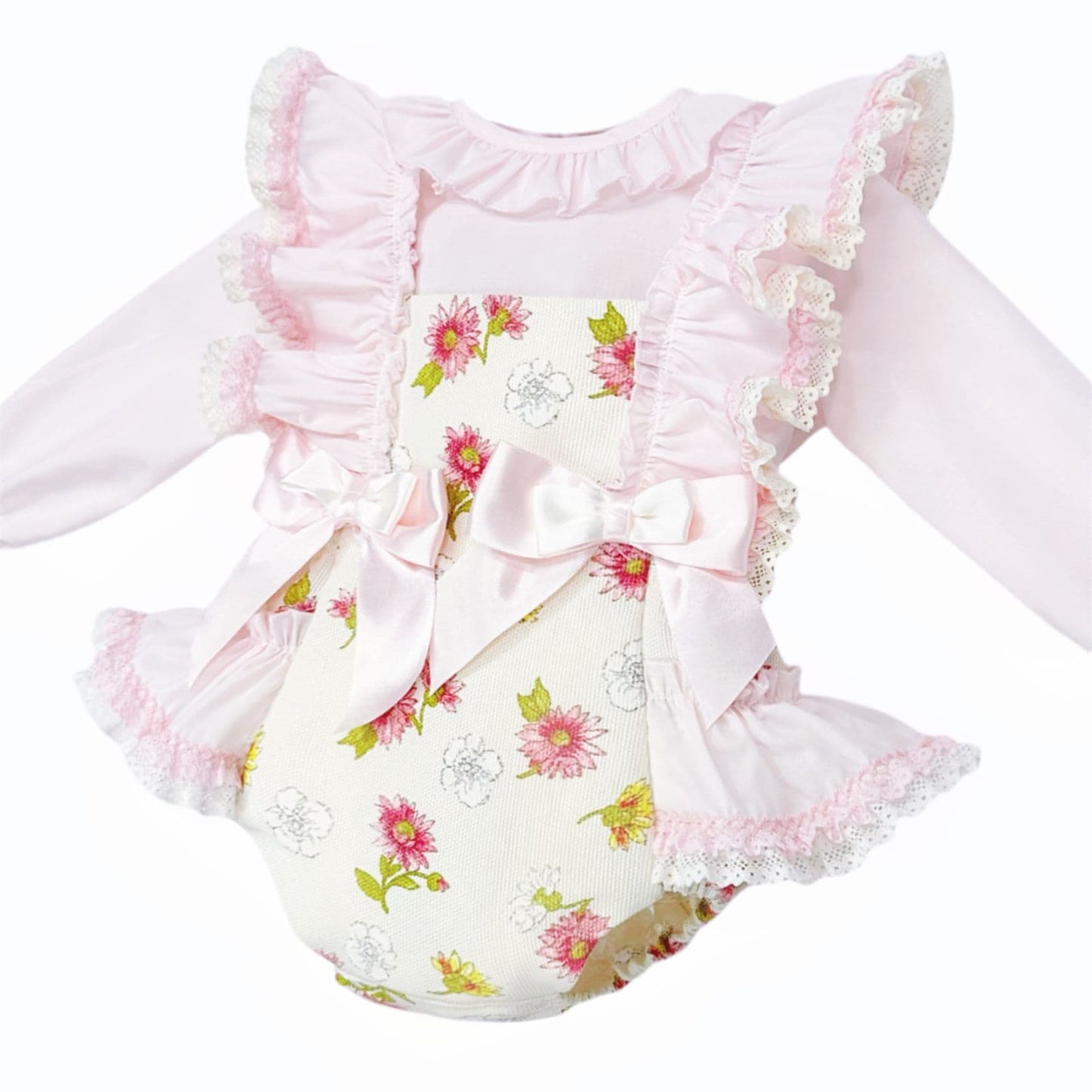 *SALE* Baby Girl Pink/Cream Floral Frilly Shoulder Romper with Shirt "MYDC2463"