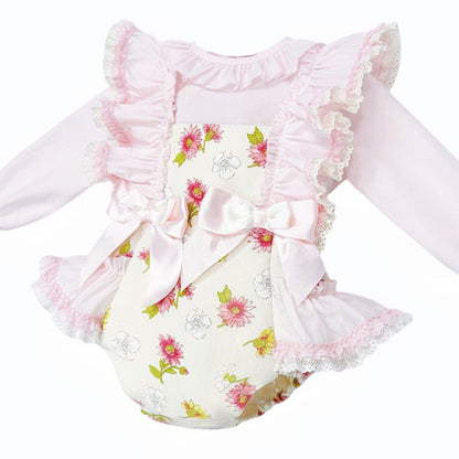 *SALE* Baby Girl Pink/Cream Floral Frilly Shoulder Romper with Shirt "MYDC2463"