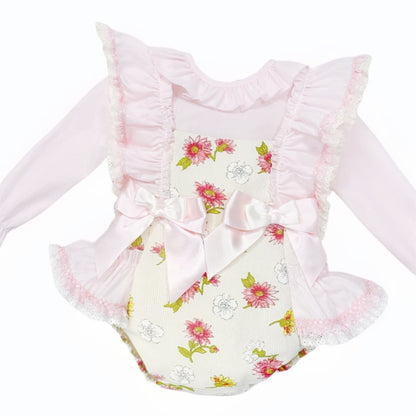 *SALE* Baby Girl Pink/Cream Floral Frilly Shoulder Romper with Shirt "MYDC2463"