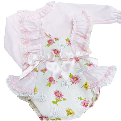 *SALE* Baby Girl Pink/Cream Floral Frilly Shoulder Romper with Shirt "MYDC2463"