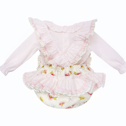 *SALE* Baby Girl Pink/Cream Floral Frilly Shoulder Romper with Shirt "MYDC2463"