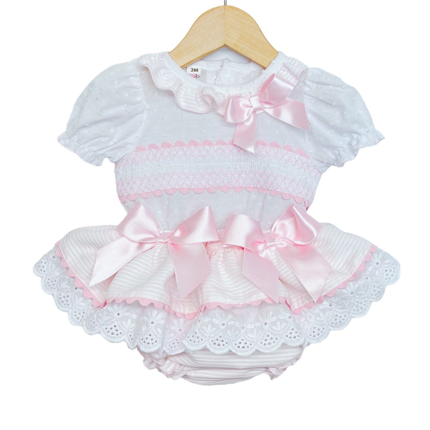 *SALE* Baby Girl Pink Frilly Skirt with Smocked Shirt Satin Bows "MYD2203"