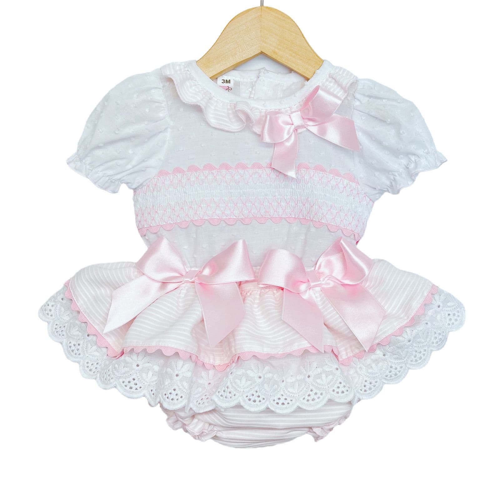 *SALE* Baby Girl Pink Frilly Skirt with Smocked Shirt Satin Bows "MYD2203"