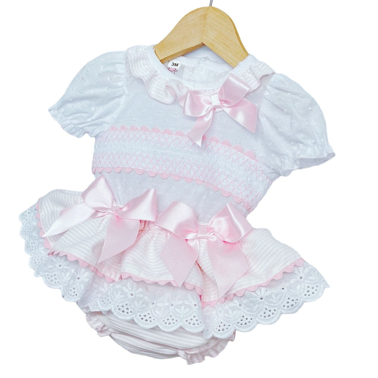 *SALE* Baby Girl Pink Frilly Skirt with Smocked Shirt Satin Bows "MYD2203"