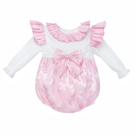 *SALE* Baby Girl Pink Jacquard Bow Romper Frilly Shoulder "2414"