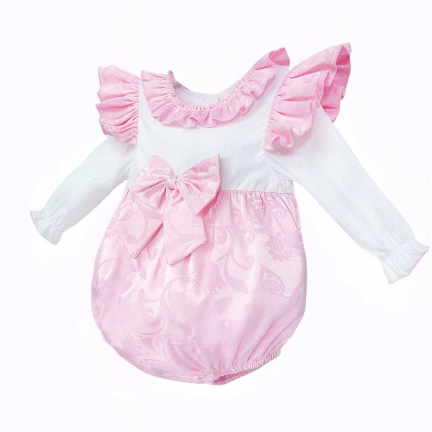 *SALE* Baby Girl Pink Jacquard Bow Romper Frilly Shoulder "2414"