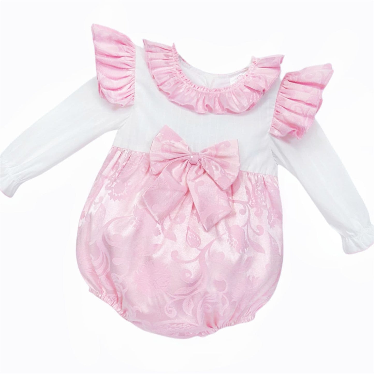*SALE* Baby Girl Pink Jacquard Bow Romper Frilly Shoulder "2414"