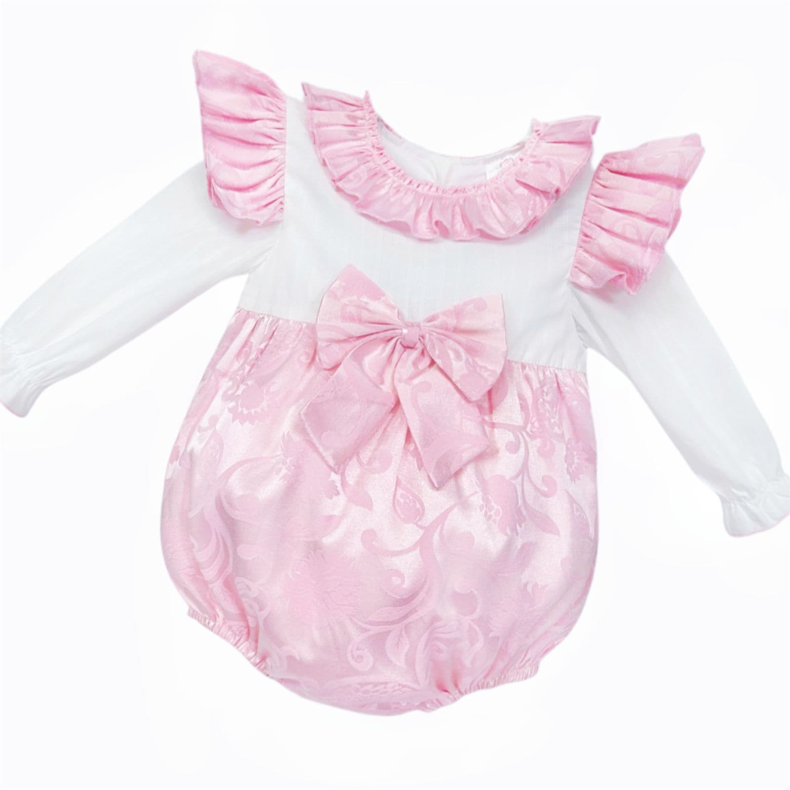 *SALE* Baby Girl Pink Jacquard Bow Romper Frilly Shoulder "2414"