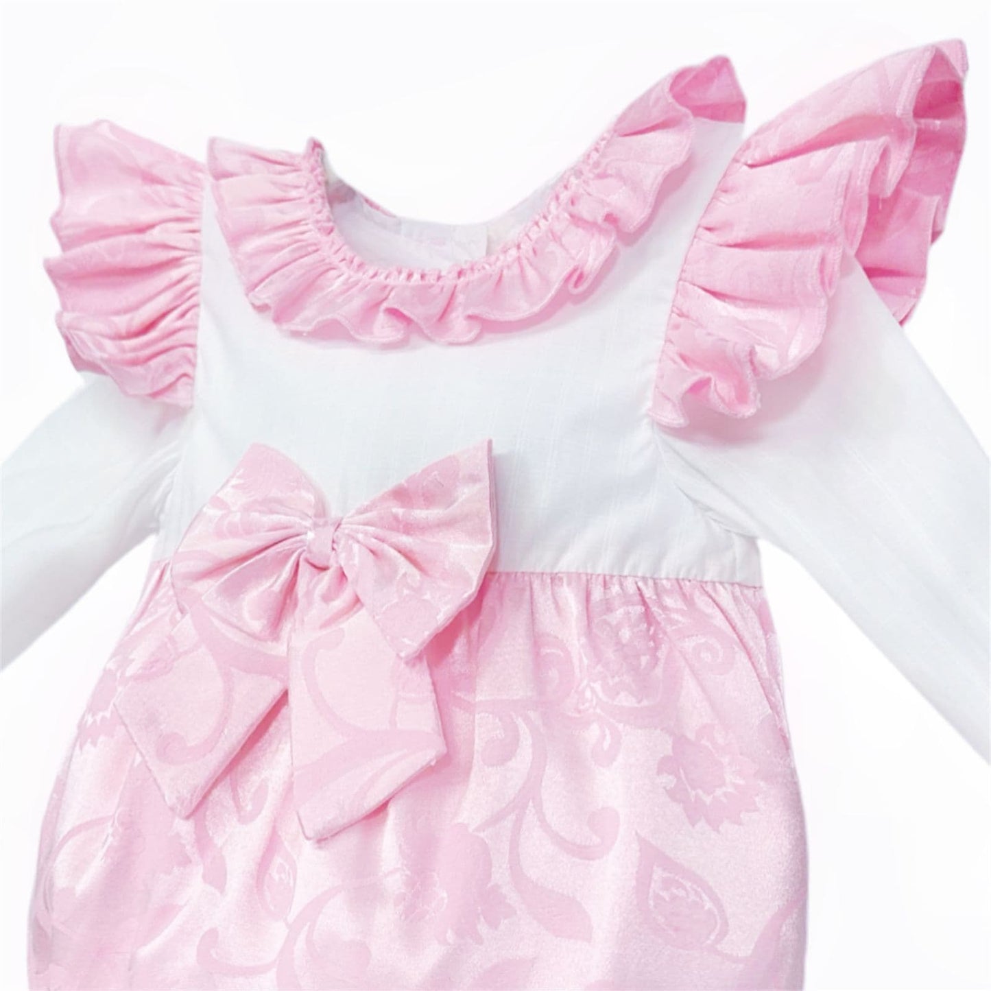 *SALE* Baby Girl Pink Jacquard Bow Romper Frilly Shoulder "2414"