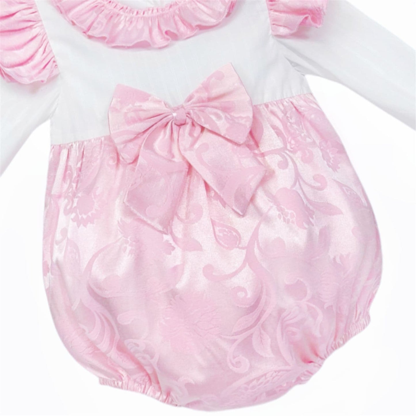 *SALE* Baby Girl Pink Jacquard Bow Romper Frilly Shoulder "2414"