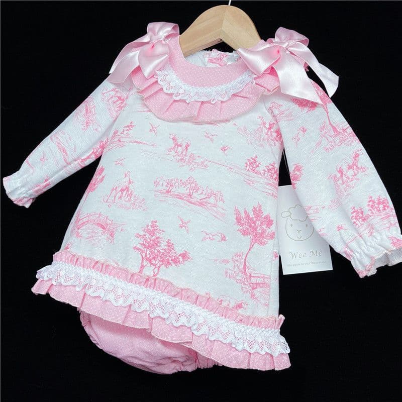 *SALE* Baby Girl Pink Print A Line Dress Shoulder Bow "MYD870"