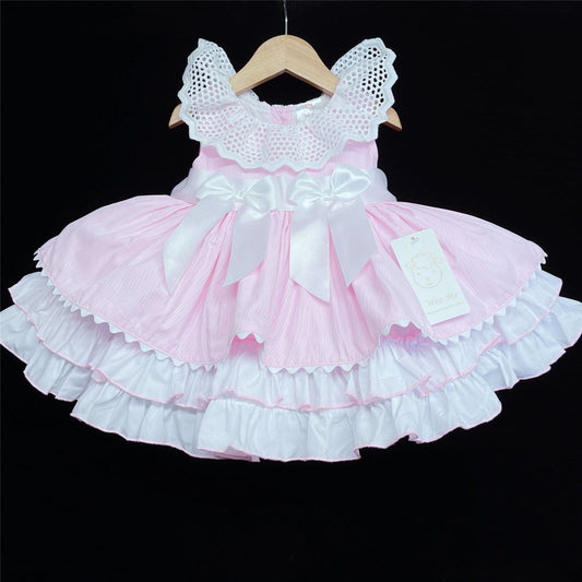 *SALE* Baby Girl Pink Puff Ball Summer Dress Big Collar Satin Bows "2157 Pink"