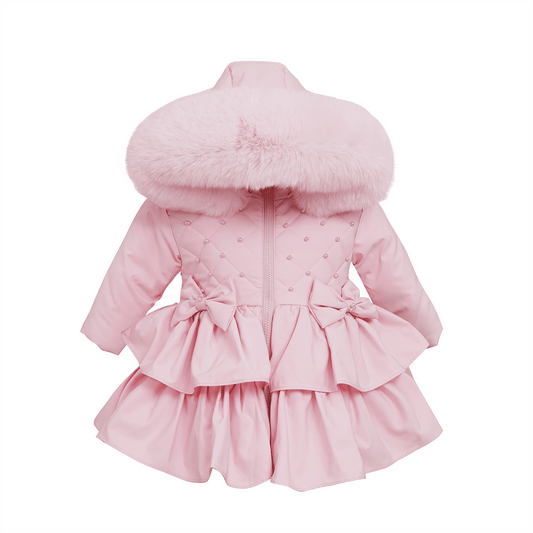 *SALE* Baby Girl Pink Puffer Coat Frilly Bottom Faux Fur Hood "MYD407 Pink"