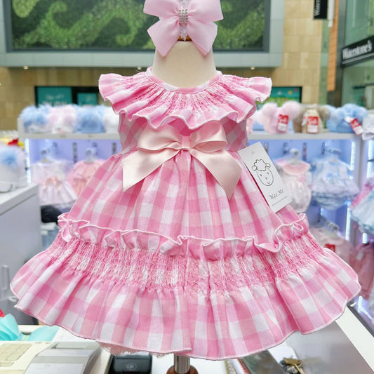 *SALE* Baby Girl Pink Smocked Checked Puff Dress with Pants "MYD2431"
