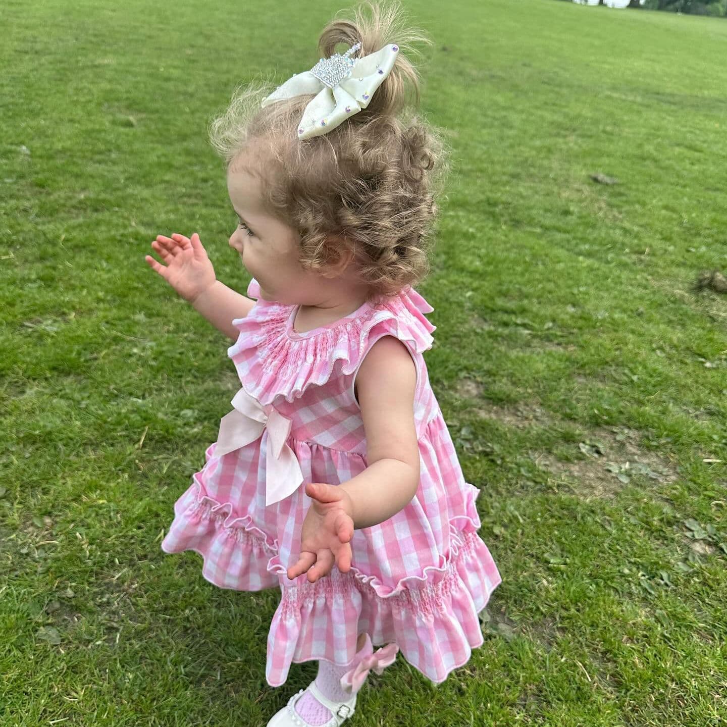 *SALE* Baby Girl Pink Smocked Checked Puff Dress with Pants "MYD2431"