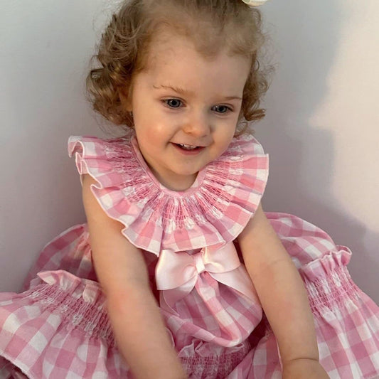 *SALE* Baby Girl Pink Smocked Checked Puff Dress with Pants "MYD2431"