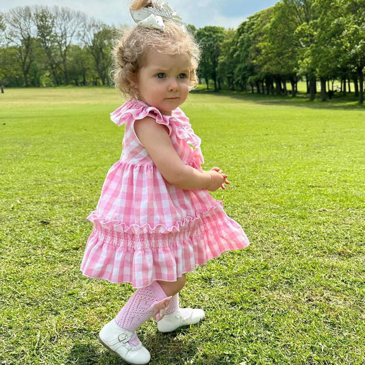 *SALE* Baby Girl Pink Smocked Checked Puff Dress with Pants "MYD2431"