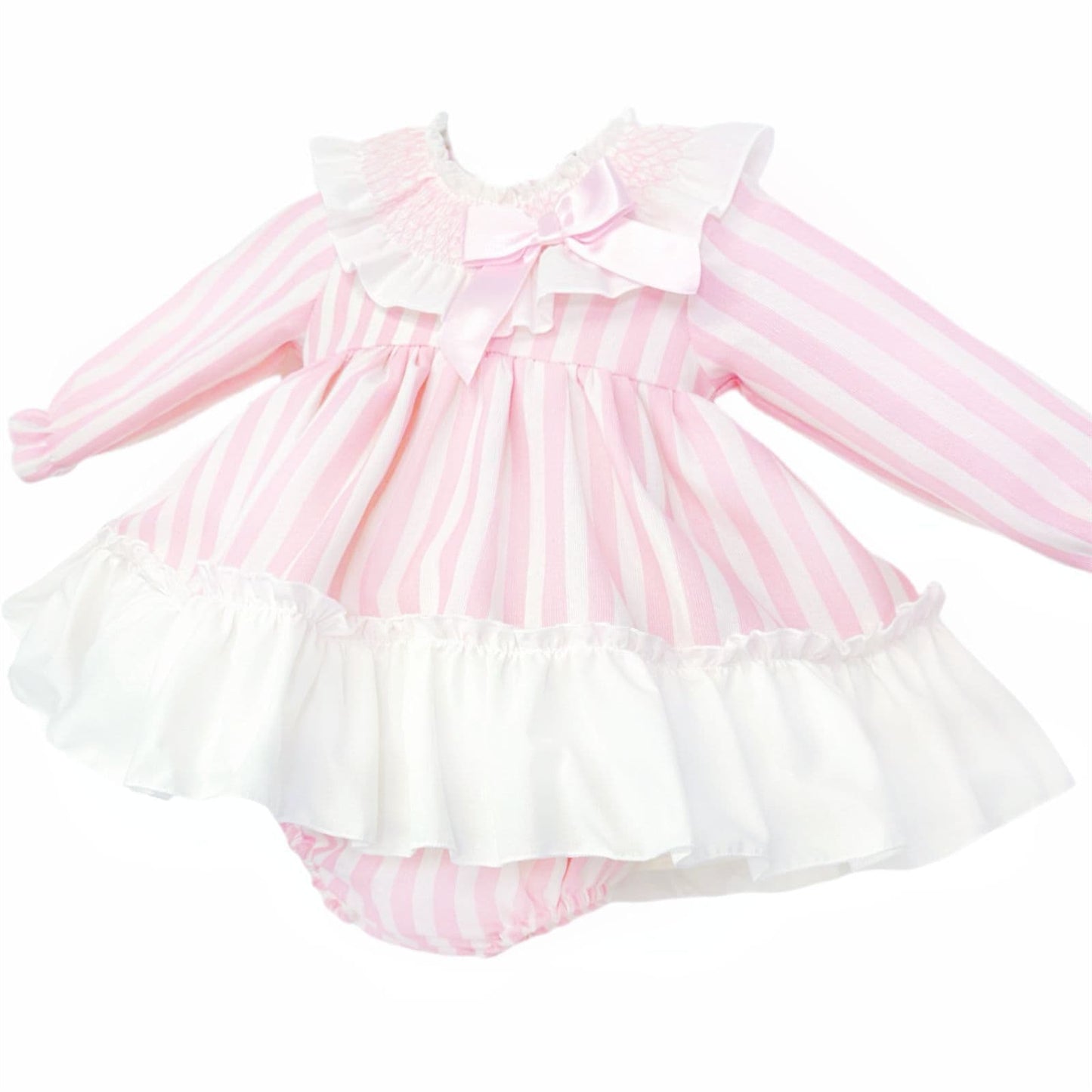 *SALE* Baby Girl Pink Stripe Smocked Collar Puff Dress with Pants "MYDB2473"